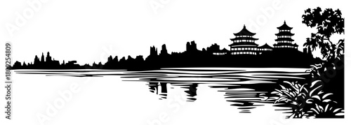 Panorama of Asian Landscape Silhouette with Lake Reflections and Traditional Pagoda Temples