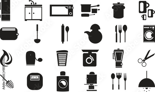 Kitchenware silhouette collection essential appliances and utensils vector set