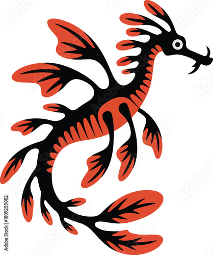 Black and orange sea dragon vector illustration featuring a mythical marine creature with intricate body patterns and flowing fins