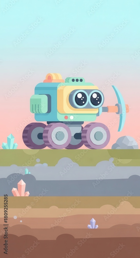 Naklejka premium Adorable robotic vehicle explores planetary surface with mining implement