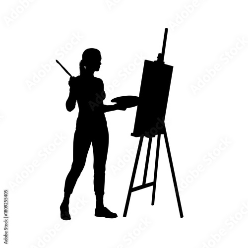 Female artist painter with easel silhouette illustration