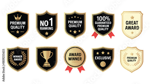 Set of vector shield and badge icons with labels and ribbons