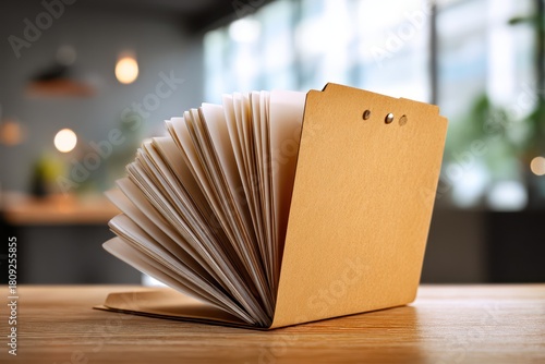 Minimal desk scene featuring an open folder and blank sheets of paper