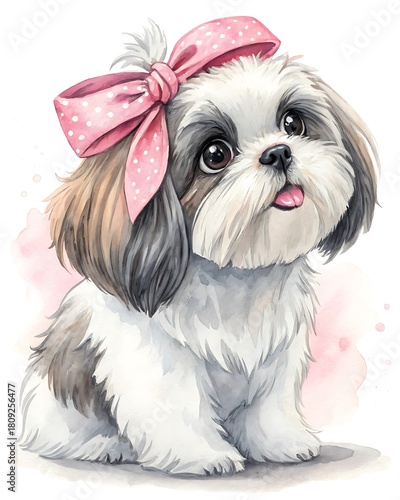 Adorable shih tzu puppy wearing a pink bow with a sweet expression