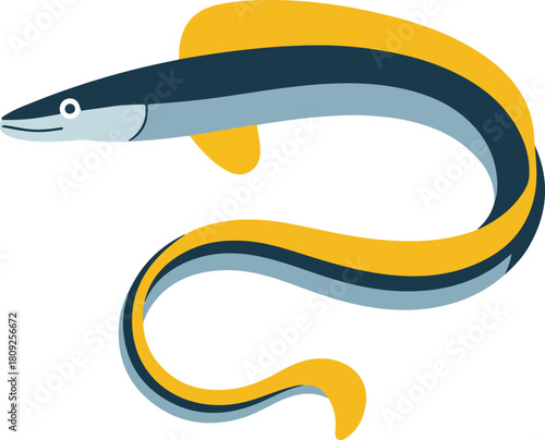 Eel vector graphic swimming gracefully with a dark blue body and vibrant yellow fins on an isolated background