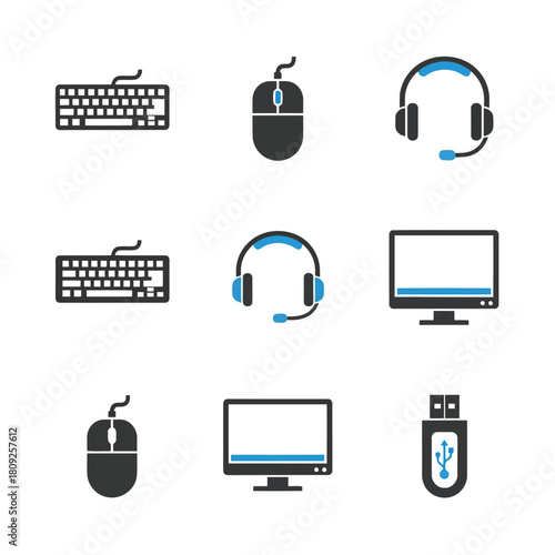 Computer peripherals icons keyboard mouse headphones monitor U S B drive