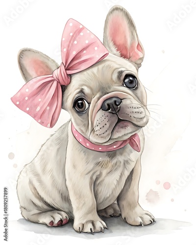 Adorable french bulldog puppy wearing a pink bow and scarf