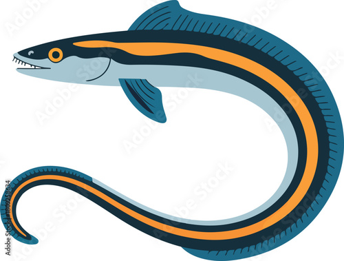 Elongated blue eel-like fish vector with a vibrant orange stripe swimming creature in marine habitat