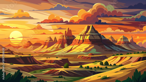 Very beautiful sunset scene over rolling North Dakota Badlands, featuring layered buttes, warm golden light, dramatic clouds, and rugged terrain in a clean, stock-friendly artistic style.