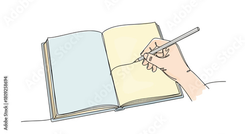 Hand writing in notebook with pen planning and study concept one line minimalist illustration with watercolor fill,