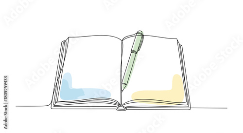 Open blank notebook diary with pen education and writing concept one line minimalist illustration with watercolor fill, trendy vector.