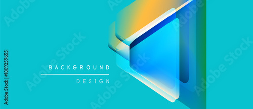 Abstract geometric design. Vibrant turquoise backdrop features layered squares, gradients. Text reads background design. Modern, clean aesthetic.