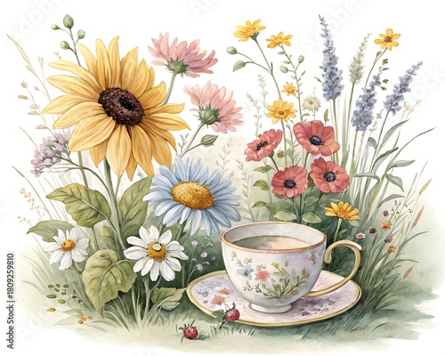 Watercolor painting of a teacup and saucer with a vibrant garden of wildflowers
