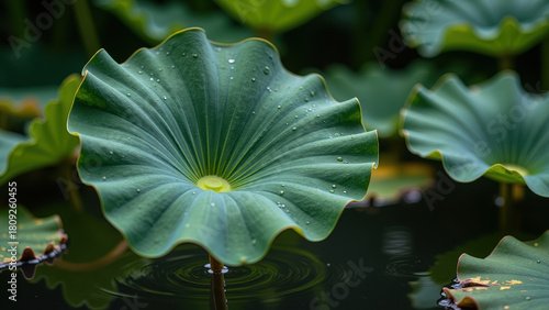 Lush green lotus leaves with water droplets, floating on serene pond, create tranquil and refreshing atmosphere