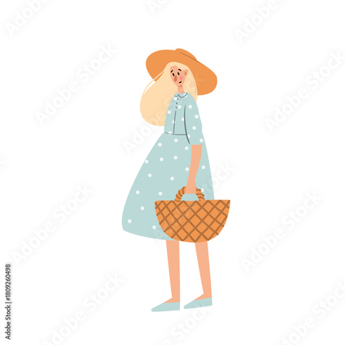 Illustration of woman in blue dress and hat holding basket. Character and adult person walking in countryside. Female figure and lady in hat. Flat vector art.