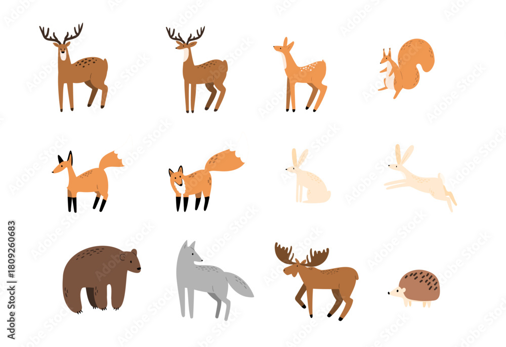 Obraz premium Forest animals set illustration including brown bear, red fox, grey wolf, antlered deer, fluffy hares and spiny hedgehog. Wild beasts and woodland creatures in natural habitat among trees and plants.