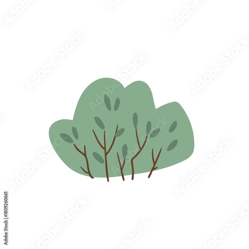 Illustration of green bush with leaves in forest scene. Plant and natural element in woods. Lush shrub and green foliage. Flat vector art.