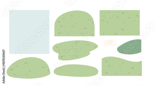 Illustration set of lawns, meadows, turf shapes, greensward fields and groundcover patches in various forms, creating soft natural scenery for clipart collection and landscape elements. Flat vector.