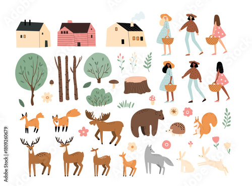 Forest collection illustration with houses, diverse girls and wild animals. Brown bear, red fox, grey wolf, antlered deer and fluffy hares among birch trees, stumps and mushrooms. Flat vector art.