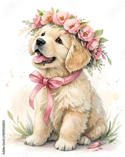 Adorable golden retriever puppy wearing a floral crown and pink bow