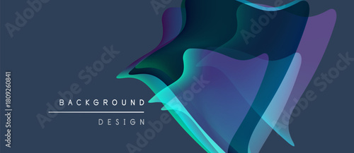 Abstract fluid shapes overlap, creating vibrant color gradients. Dark background emphasizes bright design elements. Modern aesthetic.