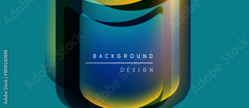 Abstract design features layered shapes, vibrant blue hues, golden accents. Text reads background design centered within form. Minimalist, modern aesthetic.