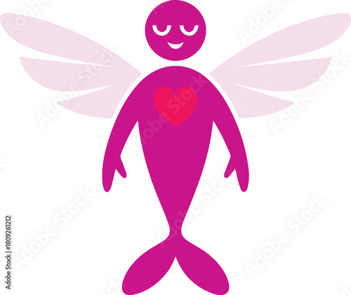 Magenta cupid-like character vector with white wings and a heart symbol on its chest representing love