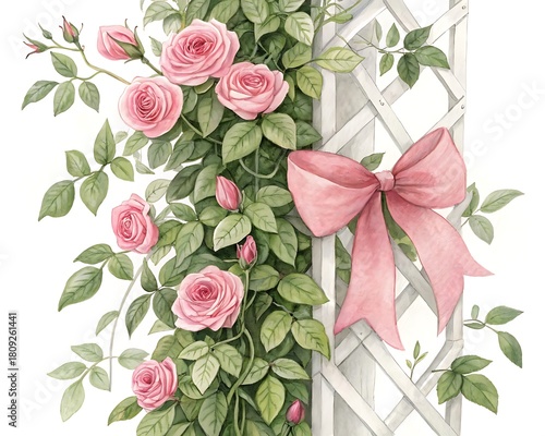 Vintage pink roses and bow on a white lattice arch