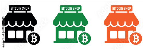 Explore Bitcoin Shop icons in black, green and orange, perfect for cryptocurrency guides, blockchain technology, or digital finance designs, get creative now.