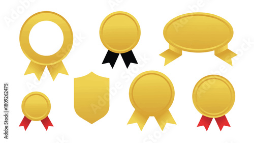 Set of gold silver and bronze medals with award ribbons