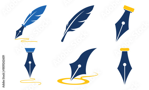 Creative quill and fountain pen nib icons set in blue and yellow, elegant writing and calligraphy symbol collection for branding, design and illustration