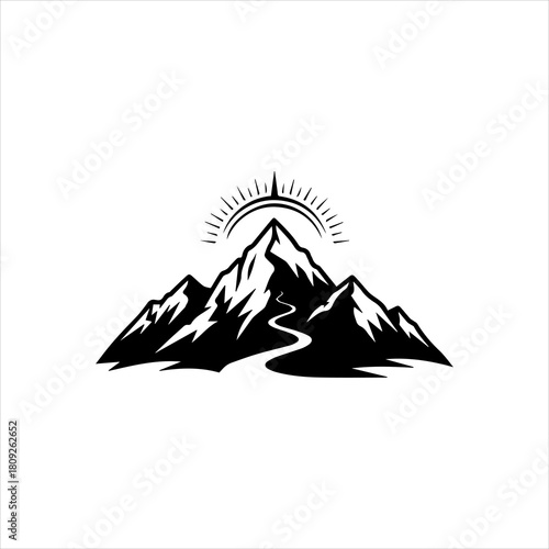 Dynamic graphic depicting majestic mountain peaks with an ascending path and a radiant sunburst emblem, representing journey, discovery, and natural beauty