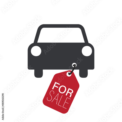 Isolated car icon with red price tag labeled “FOR SALE”, symbol of vehicle sale, car available on market.