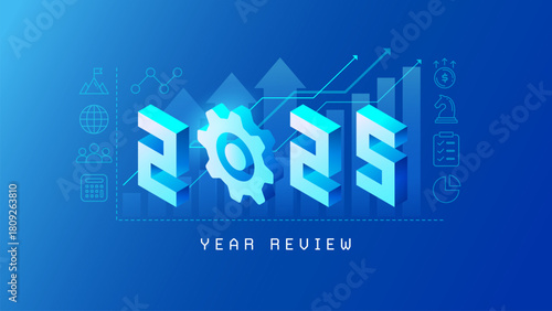 2025 Year Review Corporate Business Background with arrows up, growth chart, 2025 logo, icons for annual report, team, financial success, goals, strategy, results. Vector for business presentations
