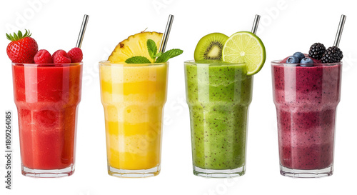 Four colorful fruit smoothies isolated on transparent background