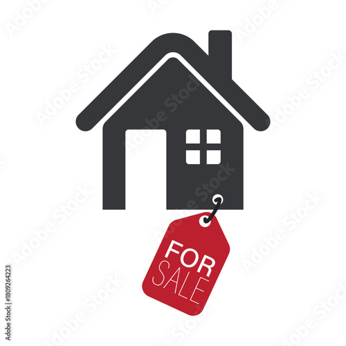 Isolated house icon with red price tag labeled “FOR SALE”, symbol of property sale, home available on market.