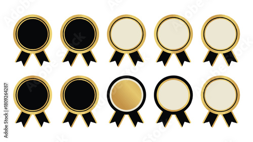 set of golden coins labels and wedding rings with award and medal icons