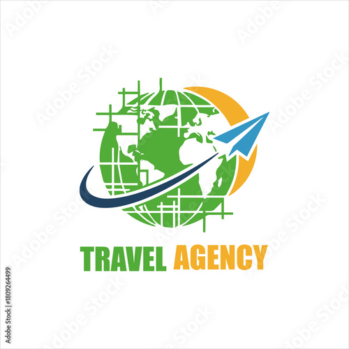 Dynamic global travel agency logo graphic featuring a paper airplane soaring across an interconnected world map, symbolizing worldwide exploration and seamless journeys