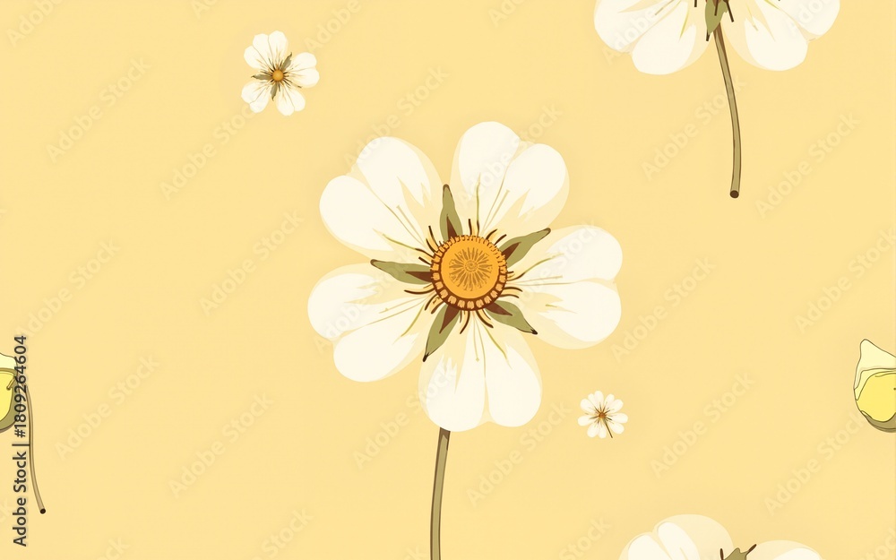 Naklejka premium Cream flower on yellow background in hand drawn style. Seamless floral fabric pattern. Simple flat and minimalist design. Use for wrapping paper, clothing, book cover, textiles. Vector illustration.