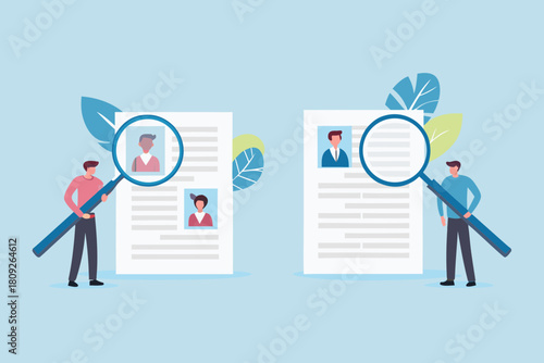 Job recruitment and candidate selection process with magnifying glass and resumes