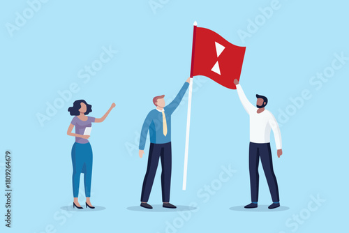 Team celebrating success with red flag and positive attitude flat illustration