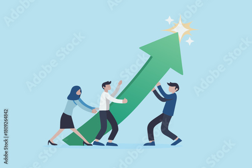 Teamwork pushing arrow towards success business growth collaboration and achieving goals together