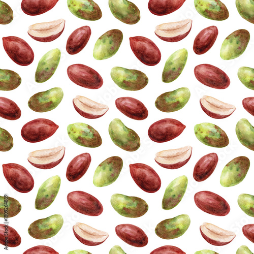 Watercolor illustration of pistachios and peanuts, seamless pattern on a white background. Hand-drawn mixed nuts. Healthy snacks.
