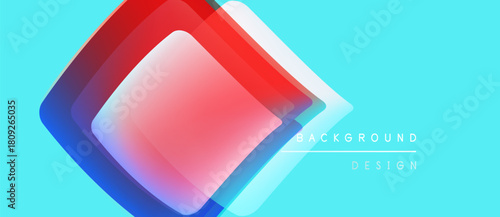 Abstract geometric shapes overlap. Vibrant blue, red hues dominate turquoise background. Modern design element, clean aesthetic.