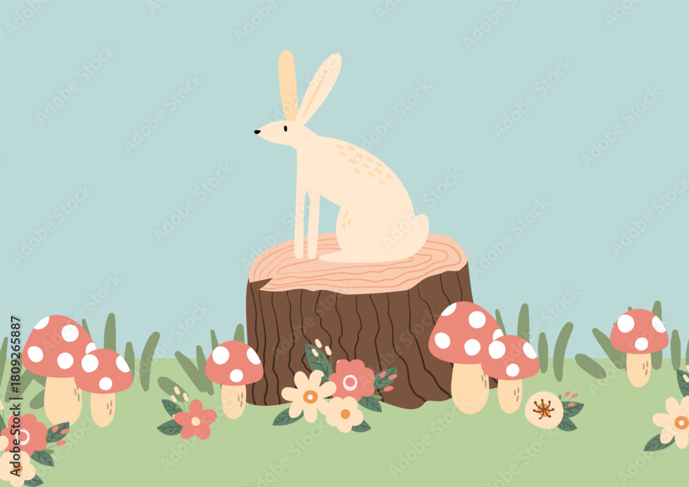 Fototapeta premium Illustration of rabbit sitting on tree stump with flowers and mushrooms, showing woodland hare, small animal and gentle forest fauna in nature scene. Flat vector illustration.