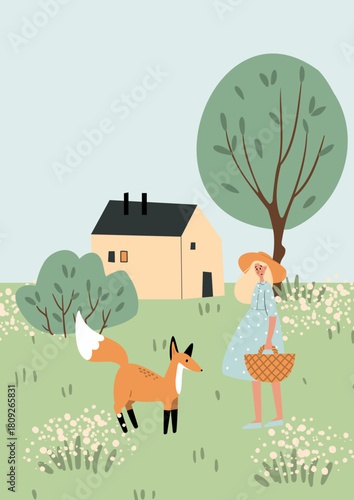 Illustration of rural scene with a woman, fox, house, tree and meadow where the female character carries a basket among plants and greenery in soft landscape clipart setting. Flat vector art.
