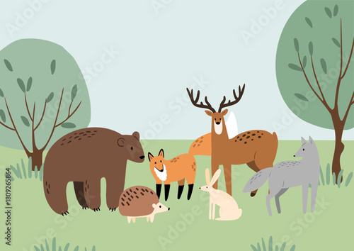 Illustration of forest wildlife with bear, moose, fox, wolf, rabbit and hedgehog in nature, showing woodland fauna, wild species and calm animal life near trees and meadow plants. Flat vector art.
