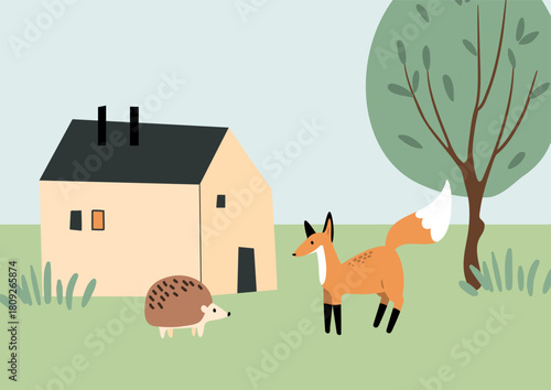 Illustration of countryside house with fox and hedgehog near tree and grass, showing rural home, small cottage and peaceful nature scene with wildlife. Flat vector illustration.