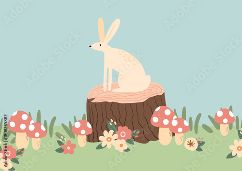 Illustration of rabbit sitting on tree stump with flowers and mushrooms, showing woodland hare, small animal and gentle forest fauna in nature scene. Flat vector illustration.