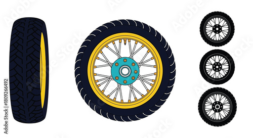 Illustration of car tires in different views and wheel designs